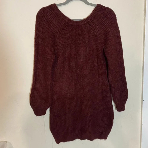 Blue Rain Maroon Burgundy Red V-Neck Long Oversized Knit Chunky Sweater Sz Small - Picture 1 of 5